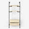 Walk-in wardrobe with two shelves and one dresser made with dark pipes and light pine