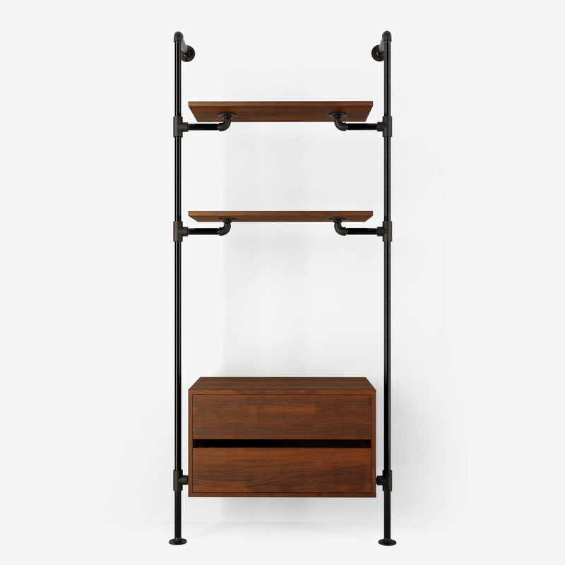 Walk-in wardrobe with two shelves and one dresser made with dark pipes and smoked oak