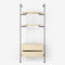 Walk-in wardrobe with two shelves and one dresser made with silver pipes and light pine