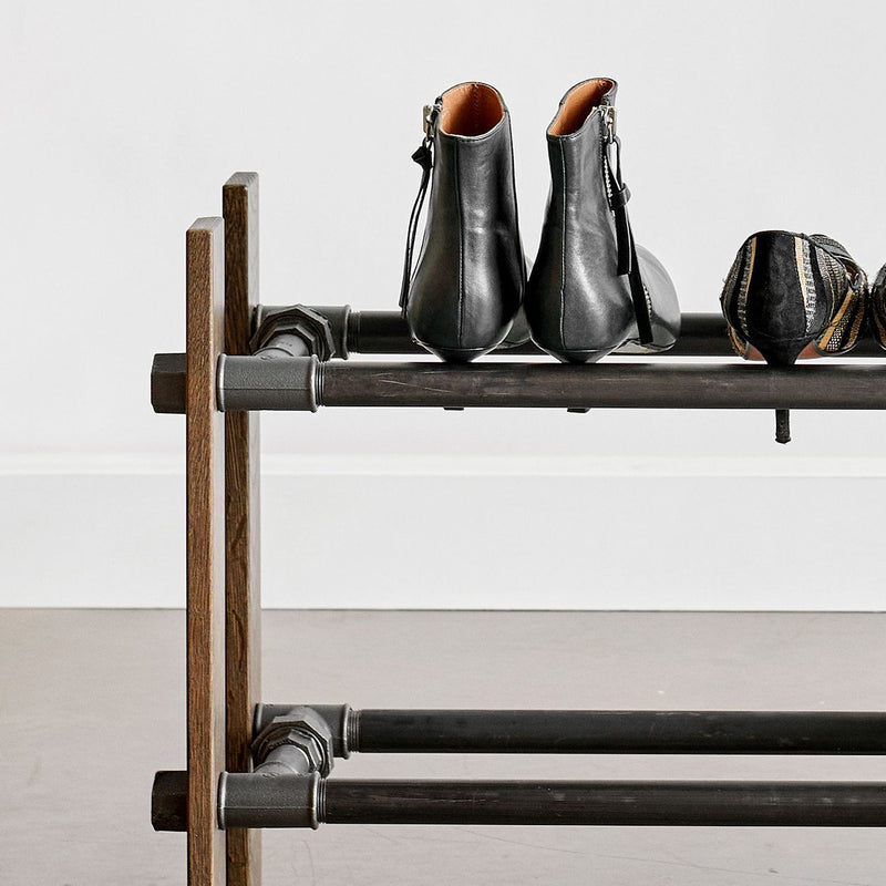 Rackbuddy -schoenrek in gerookte eik met 3 niveaus - minimalistische stijlschoenenrek beschikbaar in 2 breedtes