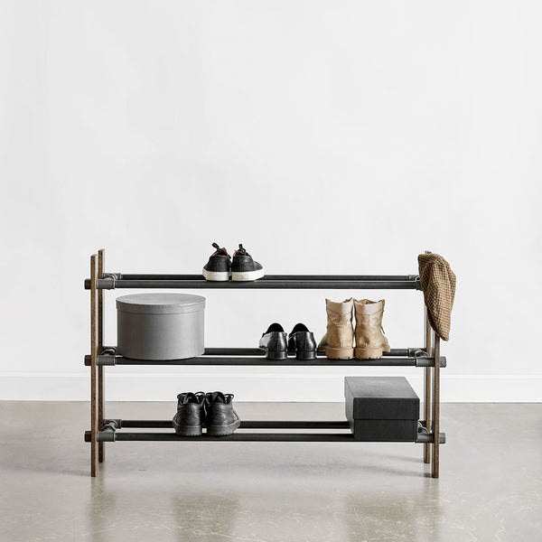 RackBuddy Shoe rack in smoked oak with 3 levels - Minimalist style shoe rack available in 2 widths